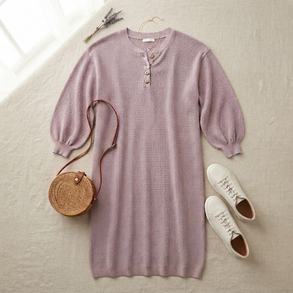 Free People FP Beach Sweater Dress Womens S Purple Henley Knit Midi Boho Cozy
